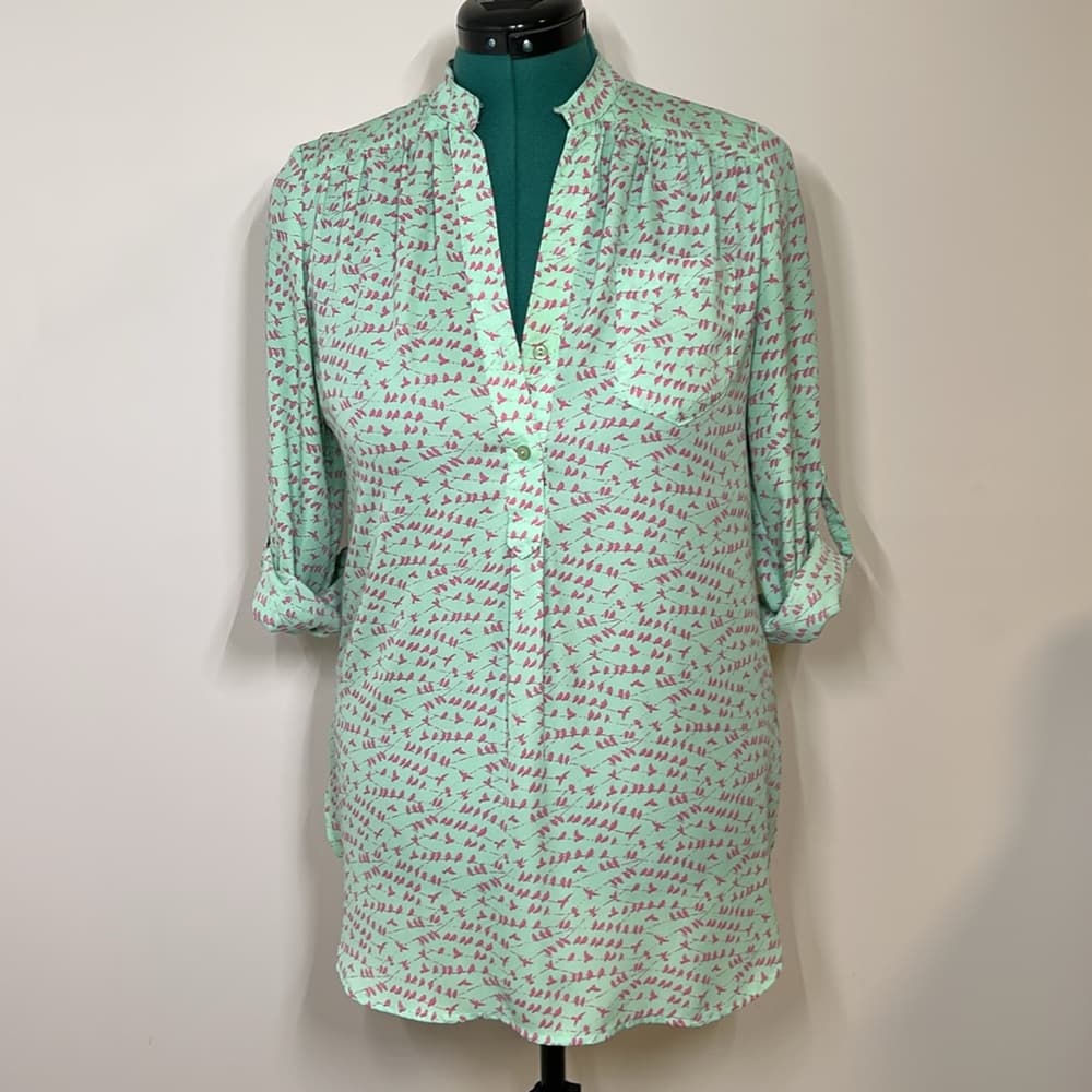 Pixley Mint Green and Pink Bird Patterned Blouse Size M - Thumbnail 7
