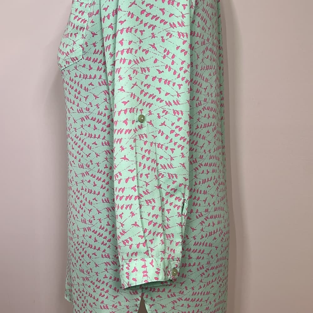 Pixley Mint Green and Pink Bird Patterned Blouse Size M - Thumbnail 4