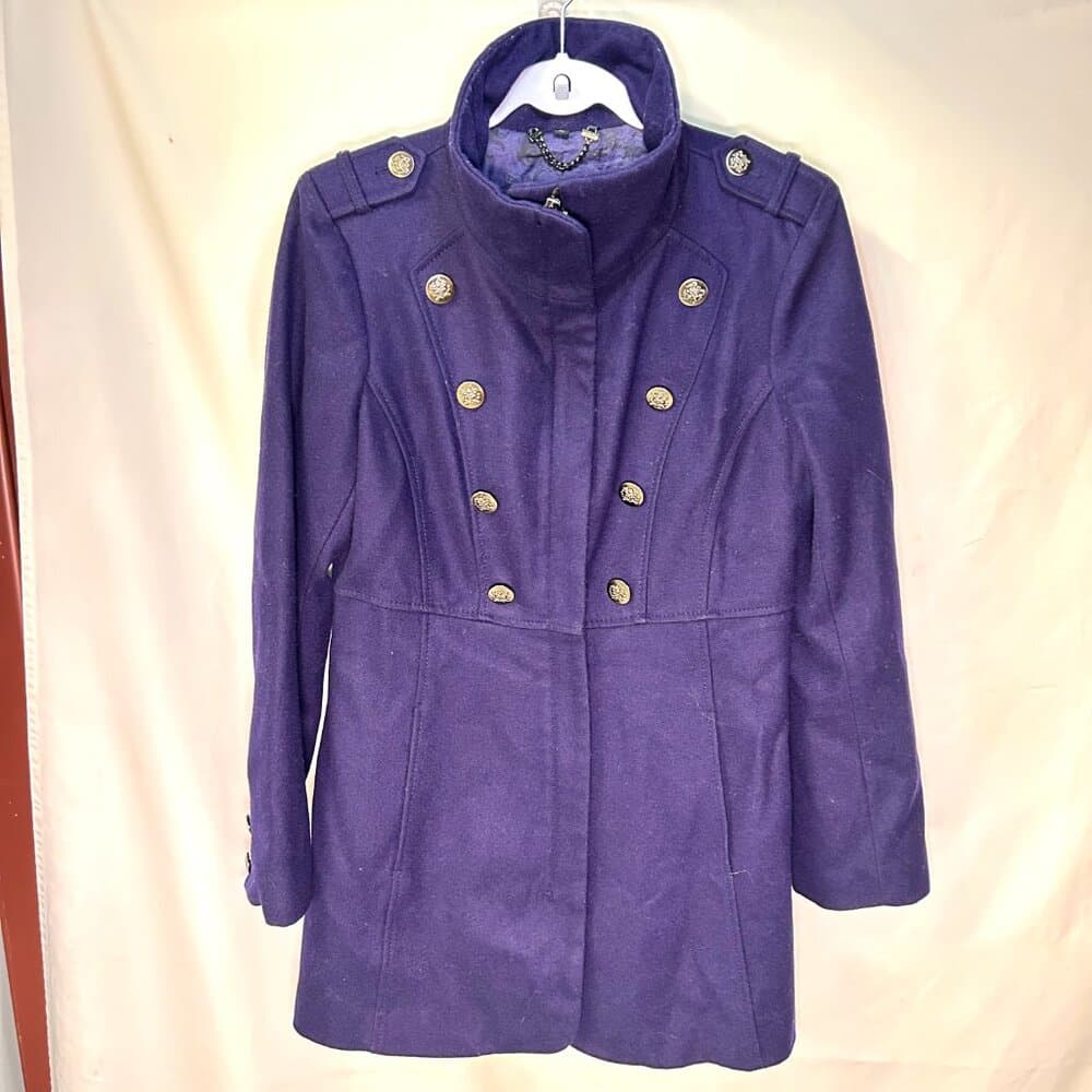 Guess double-breasted midi-length purple trench peacoat style wool blend coat M - Thumbnail 10