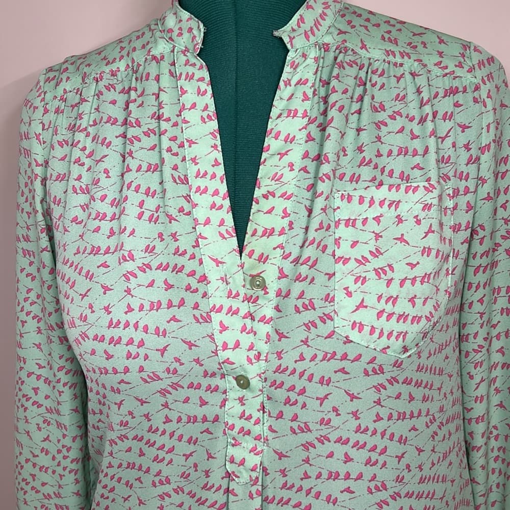 Pixley Mint Green and Pink Bird Patterned Blouse Size M - Thumbnail 3