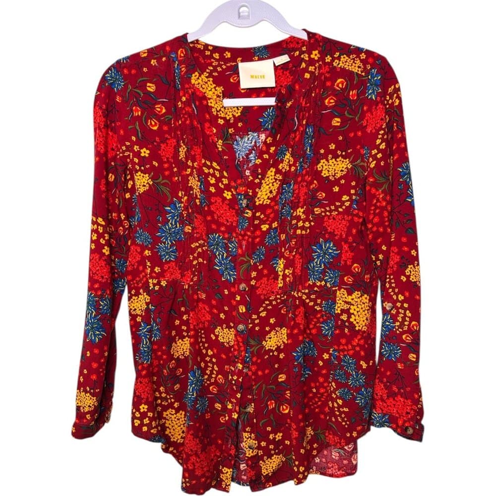 Anthropologie Maeve red floral pintuck button-front blouse Size Small