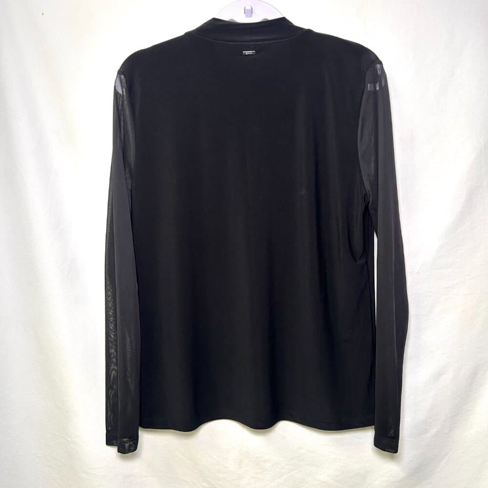 DKNY Y2K Black Polyester/Spandex Keyhole Blouse with Sheer Sleeves Size Large - Thumbnail 6