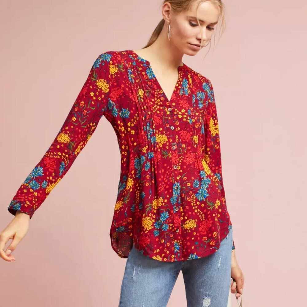 Anthropologie Maeve red floral pintuck button-front blouse Size Small - Thumbnail 9