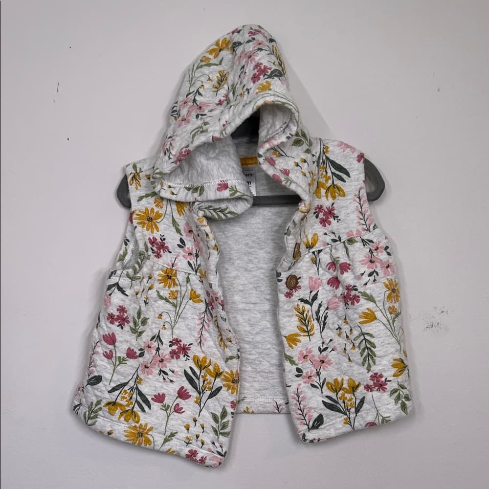 Carter’s Light Gray and Floral Toddler Hooded Vest 18 months - Thumbnail 5