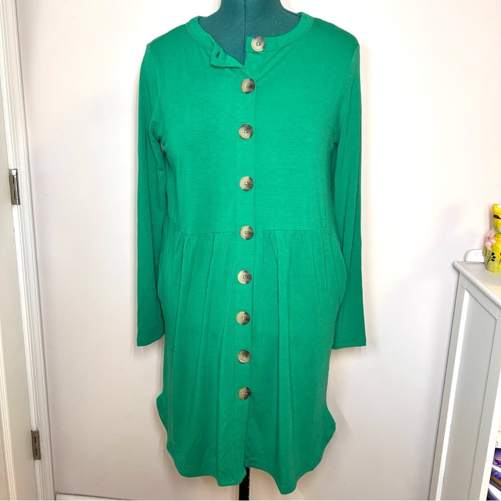 NEW Zenana Green Long Sleeve Button Down Dress Size L