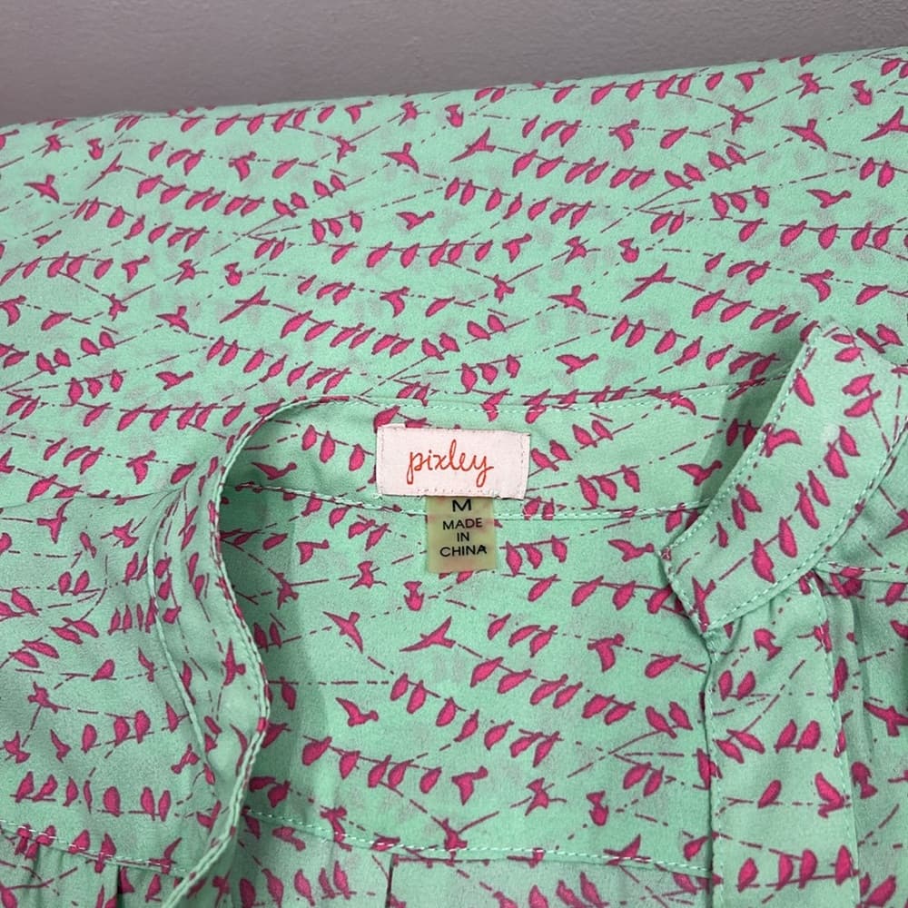 Pixley Mint Green and Pink Bird Patterned Blouse Size M