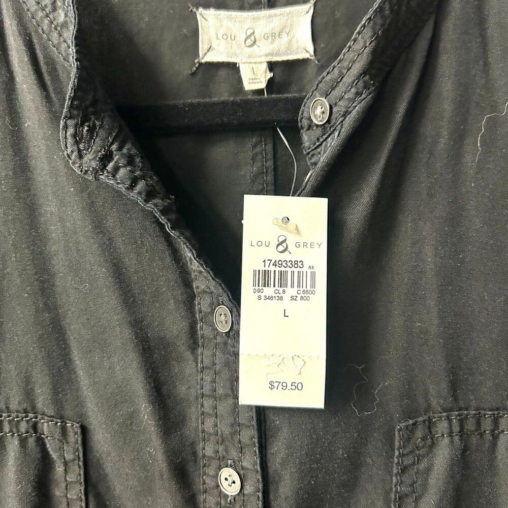 NWT Lou & Grey Long Sleeve 3/4 Button Up Black Shirt Dress Large - Thumbnail 3
