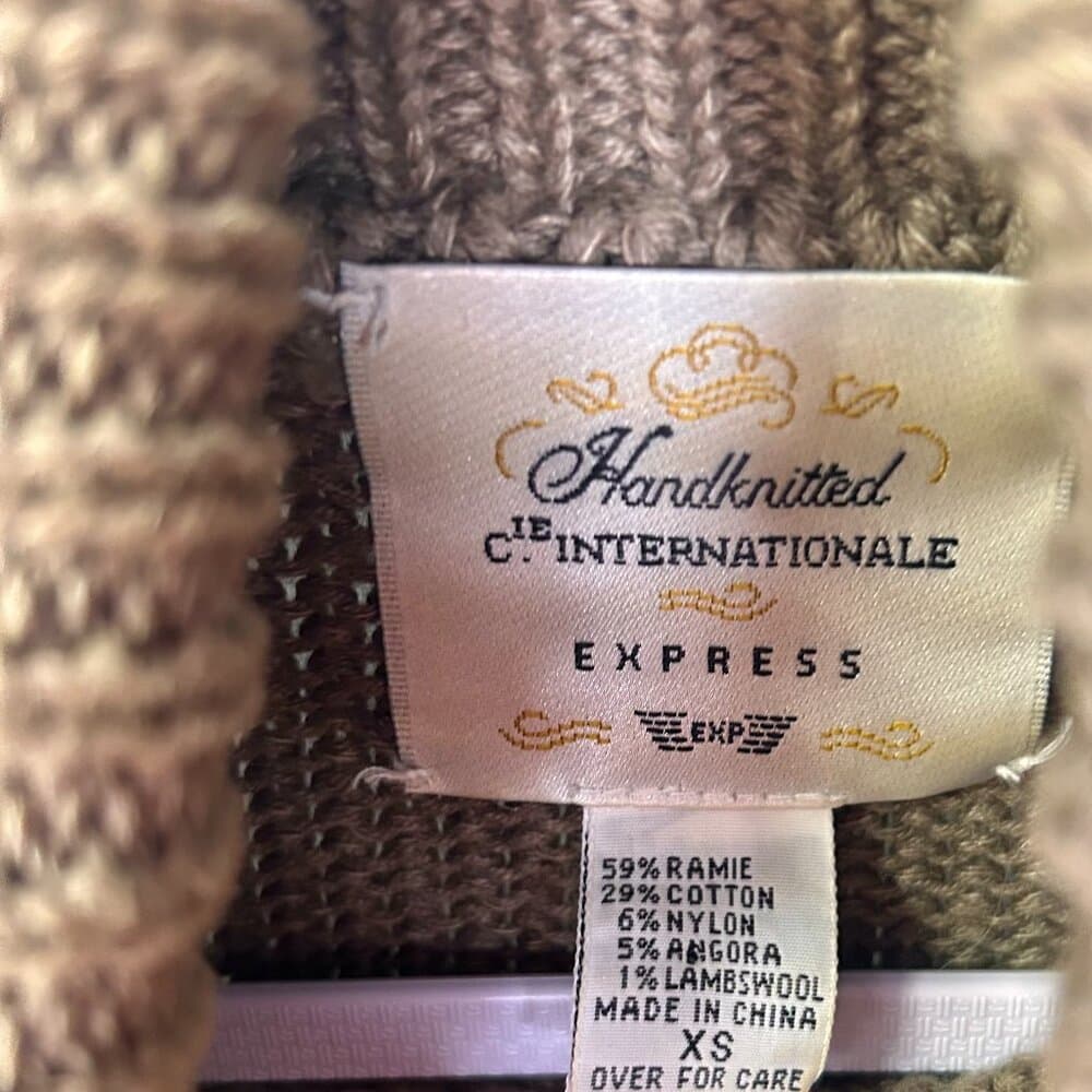 Express Handknitted International Vintage Tan and White Cotton Angora Sweater XS - Thumbnail 2