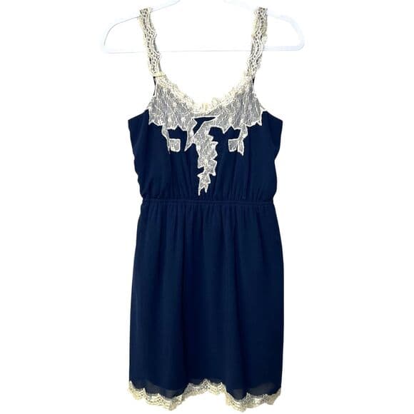 YA Los Angeles navy blue slip dress cream coquette lace fairy core Medium - Thumbnail 9