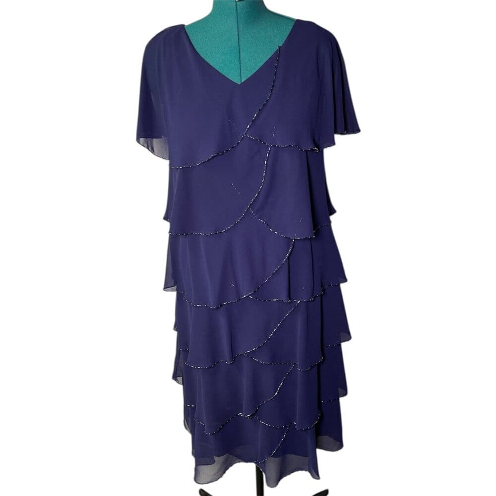 Patra Navy Tiered Evening Dress w/ Beaded Scallop Layers Size 18 Mother of Bride - Thumbnail 10