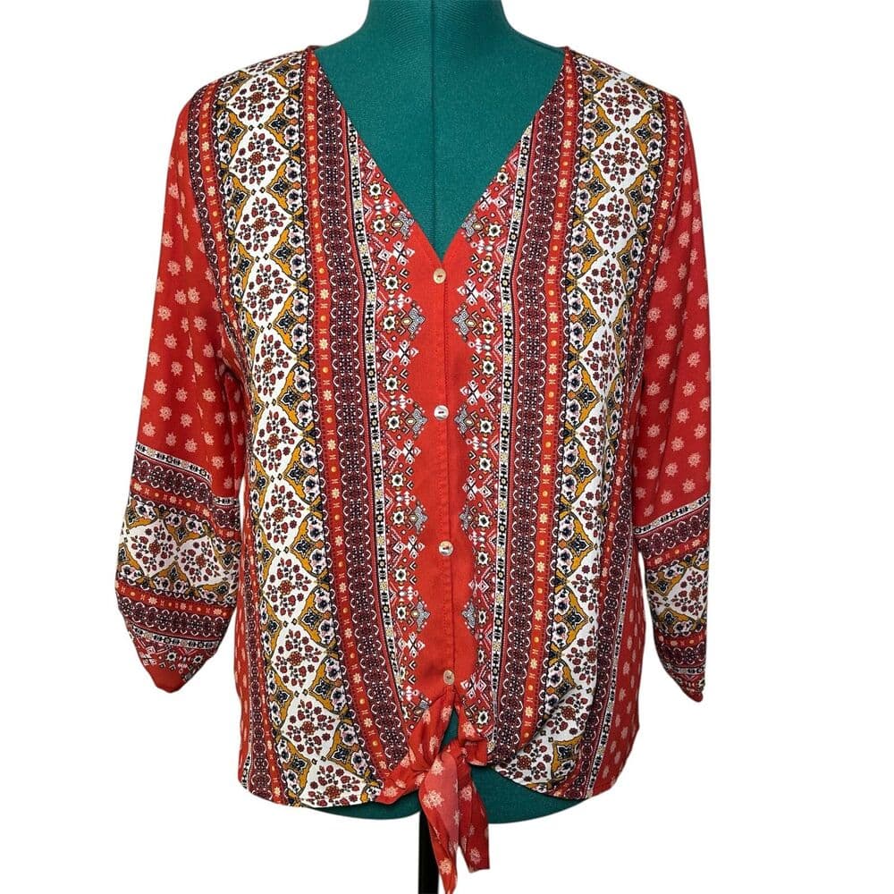 West Kei Talina red and white tie-front boho floral print blouse M
