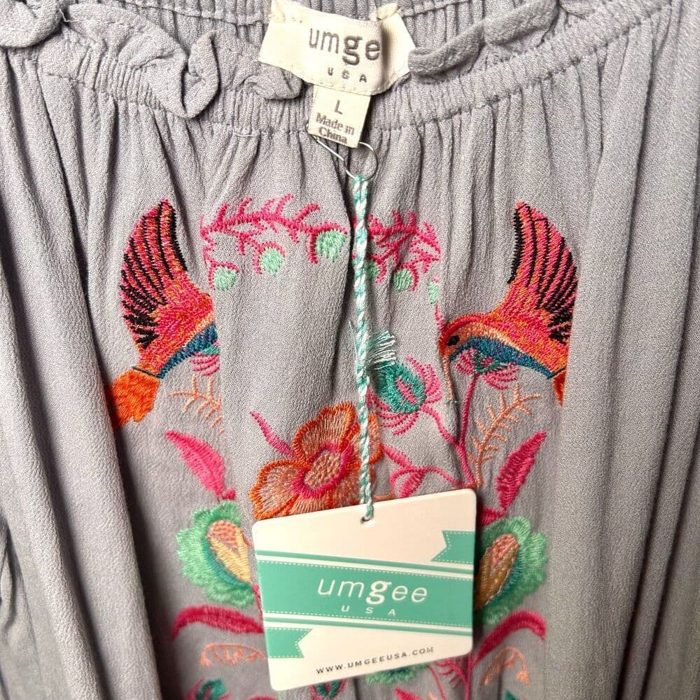 NWT Umgee Light Gray Embroidered Boho Cottagecore Festival Dress Size L - Thumbnail 4