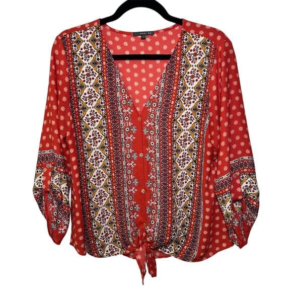 West Kei Talina red and white tie-front boho floral print blouse M - Thumbnail 11