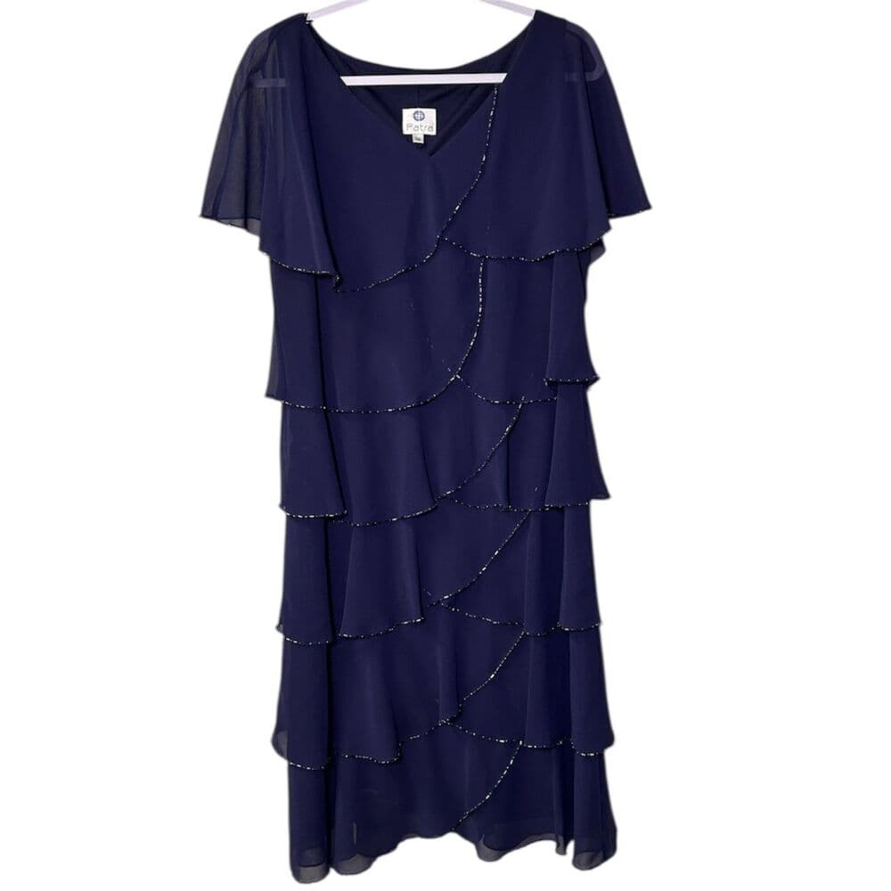 Patra Navy Tiered Evening Dress w/ Beaded Scallop Layers Size 18 Mother of Bride - Thumbnail 2