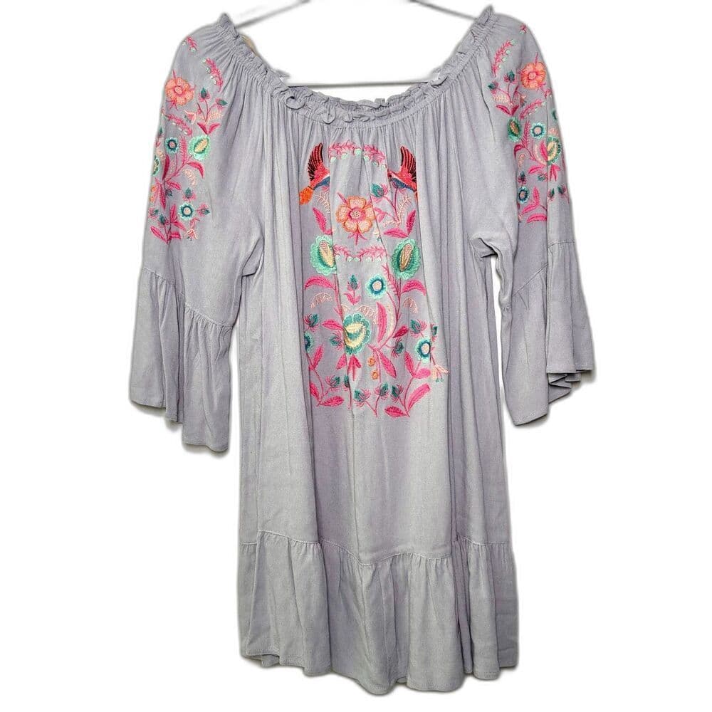 NWT Umgee Light Gray Embroidered Boho Cottagecore Festival Dress Size L - Thumbnail 5