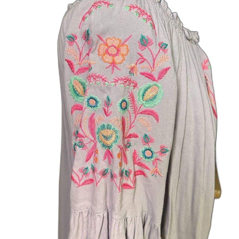 NWT Umgee Light Gray Embroidered Boho Cottagecore Festival Dress Size L