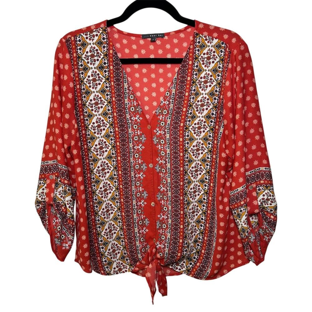West Kei Talina red and white tie-front boho floral print blouse M - Thumbnail 10
