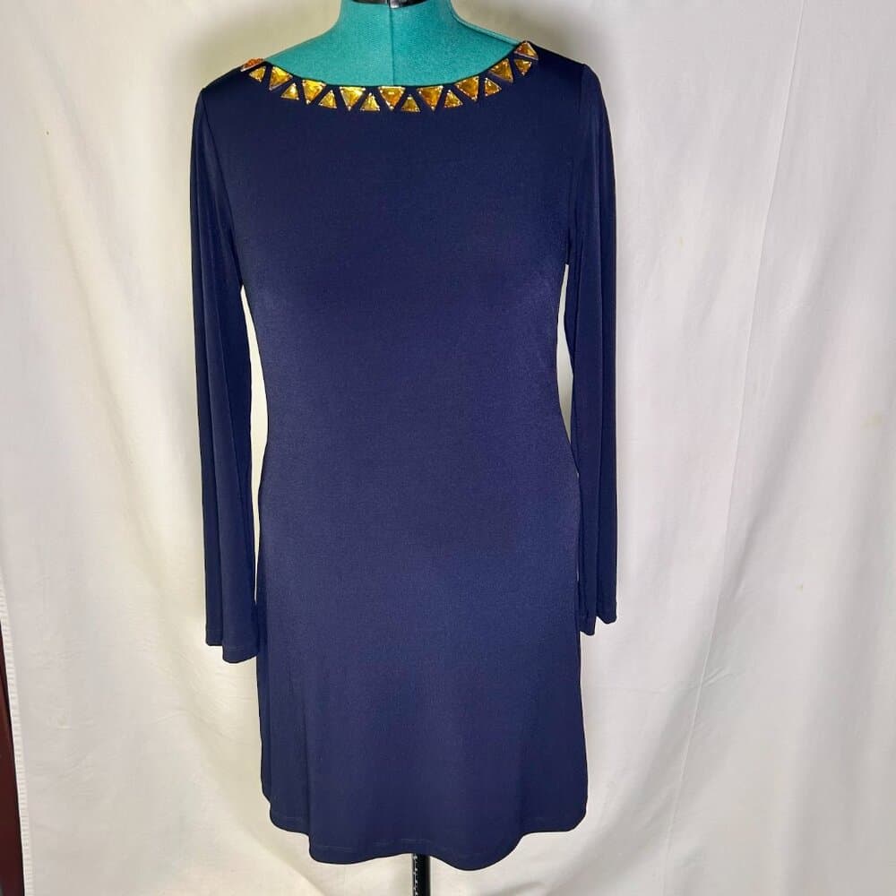 Vince Camuto long-sleeve navy blue shift dress with a jeweled neckline Size 12 - Thumbnail 10