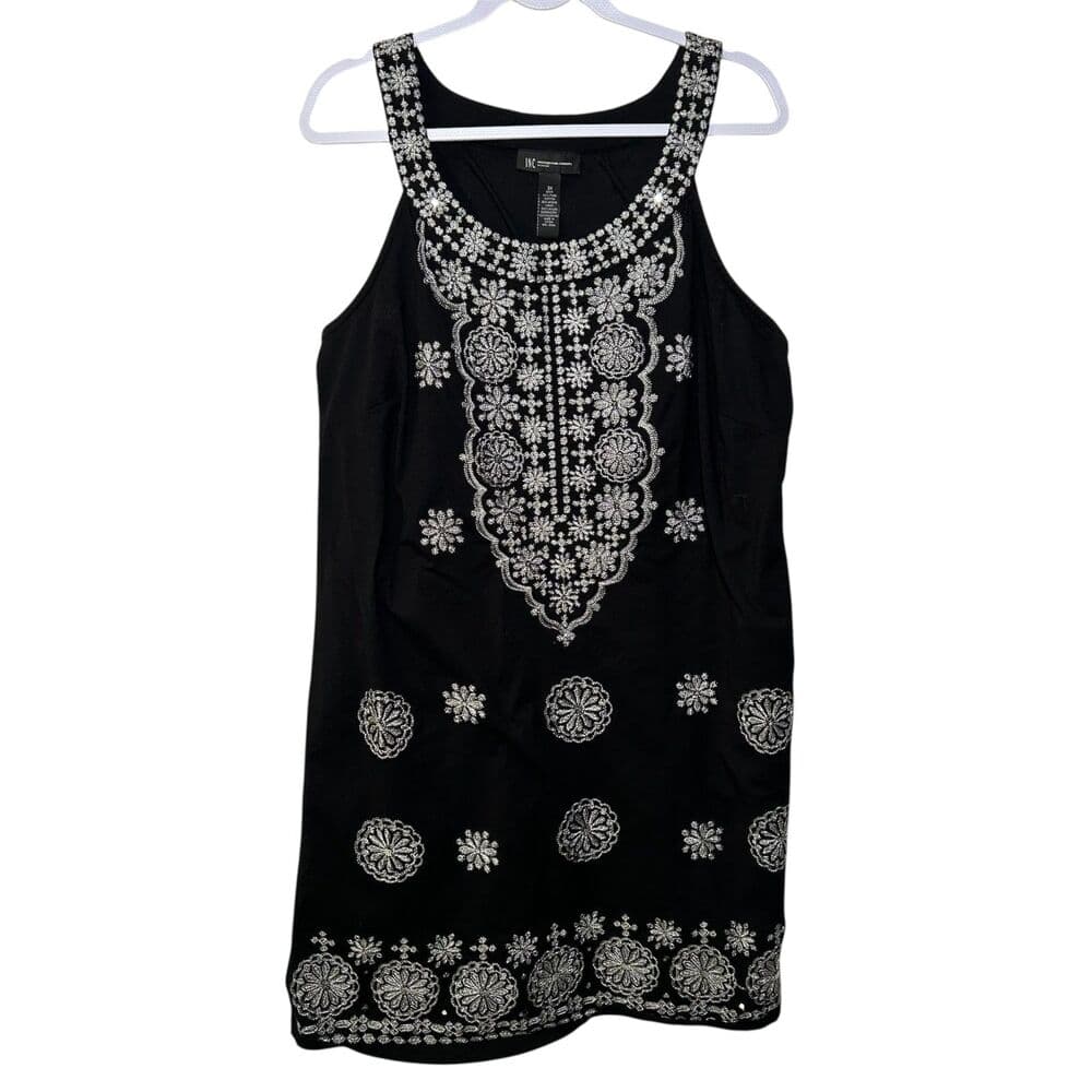 INC Black Silver Metallic Embroidered Medallions Shift Dress Beading - Thumbnail 7
