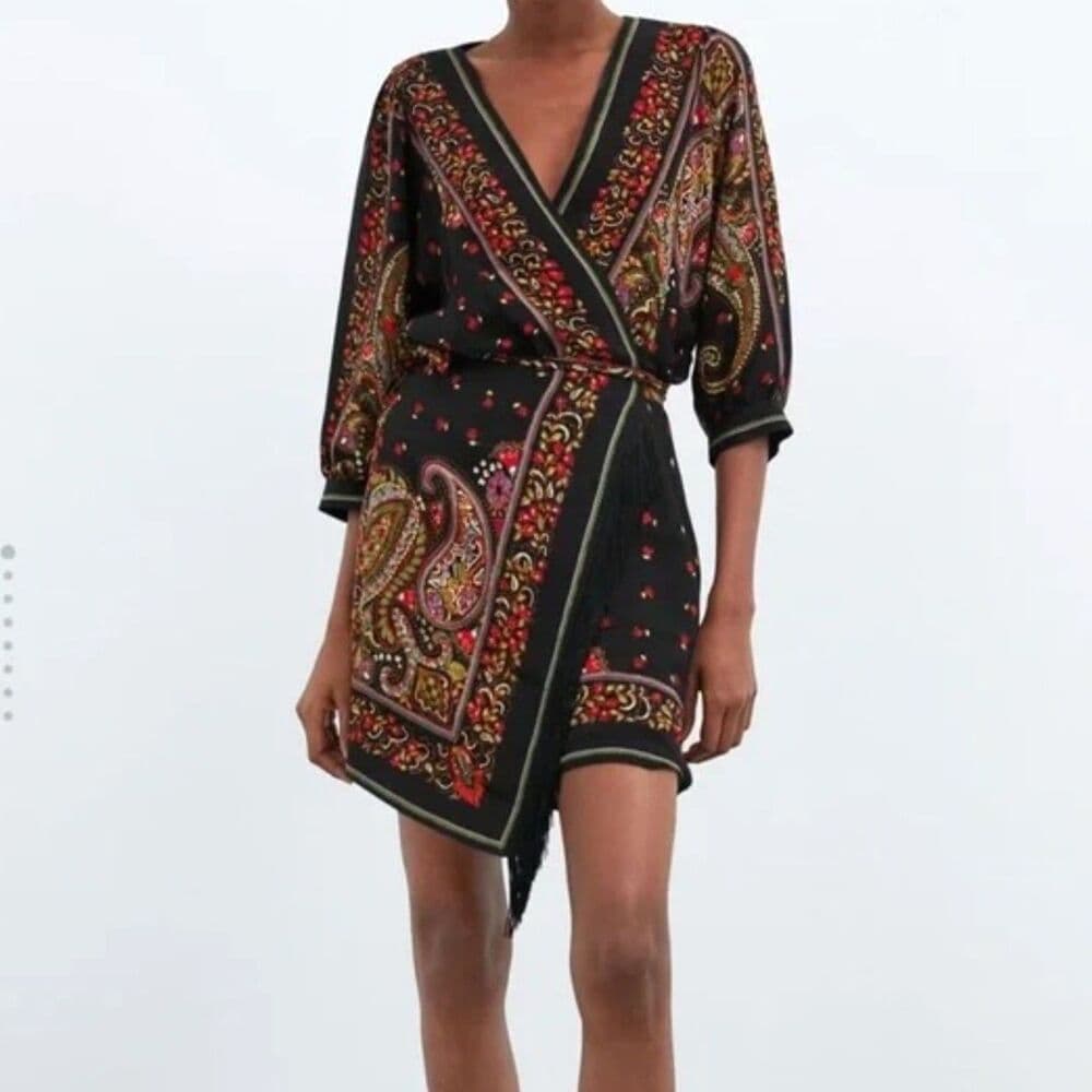 Zara Black Paisley Half-Wrap Festival Dress w/ Fringe Small - Thumbnail 10