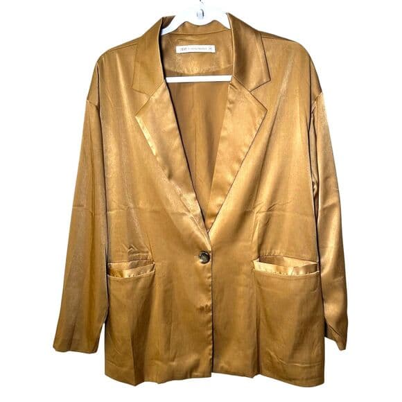 satin-finish single-button oversized gold color blazer medium - Thumbnail 9