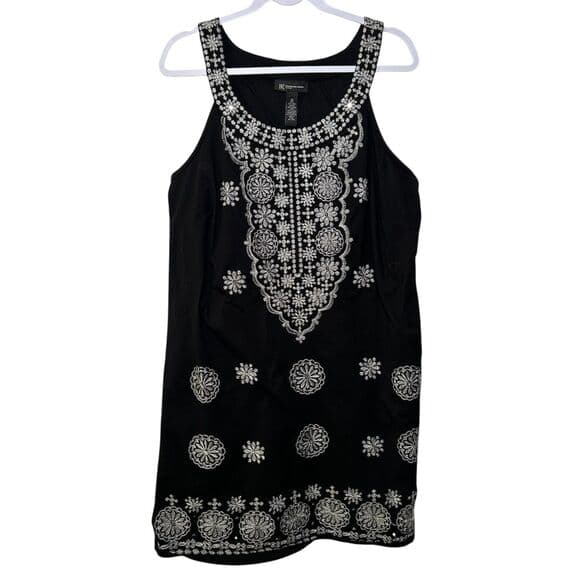 INC Black Silver Metallic Embroidered Medallions Shift Dress Beading - Thumbnail 8