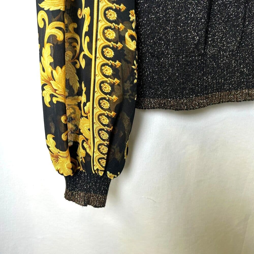 Fate black sparkle top w/ sheer couture-patterned sleeves size Small - Thumbnail 3