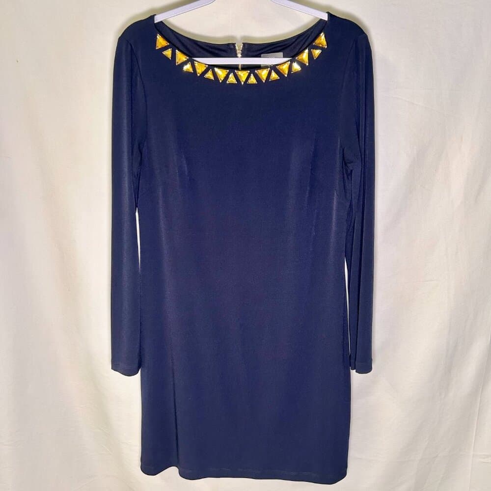 Vince Camuto long-sleeve navy blue shift dress with a jeweled neckline Size 12 - Thumbnail 2