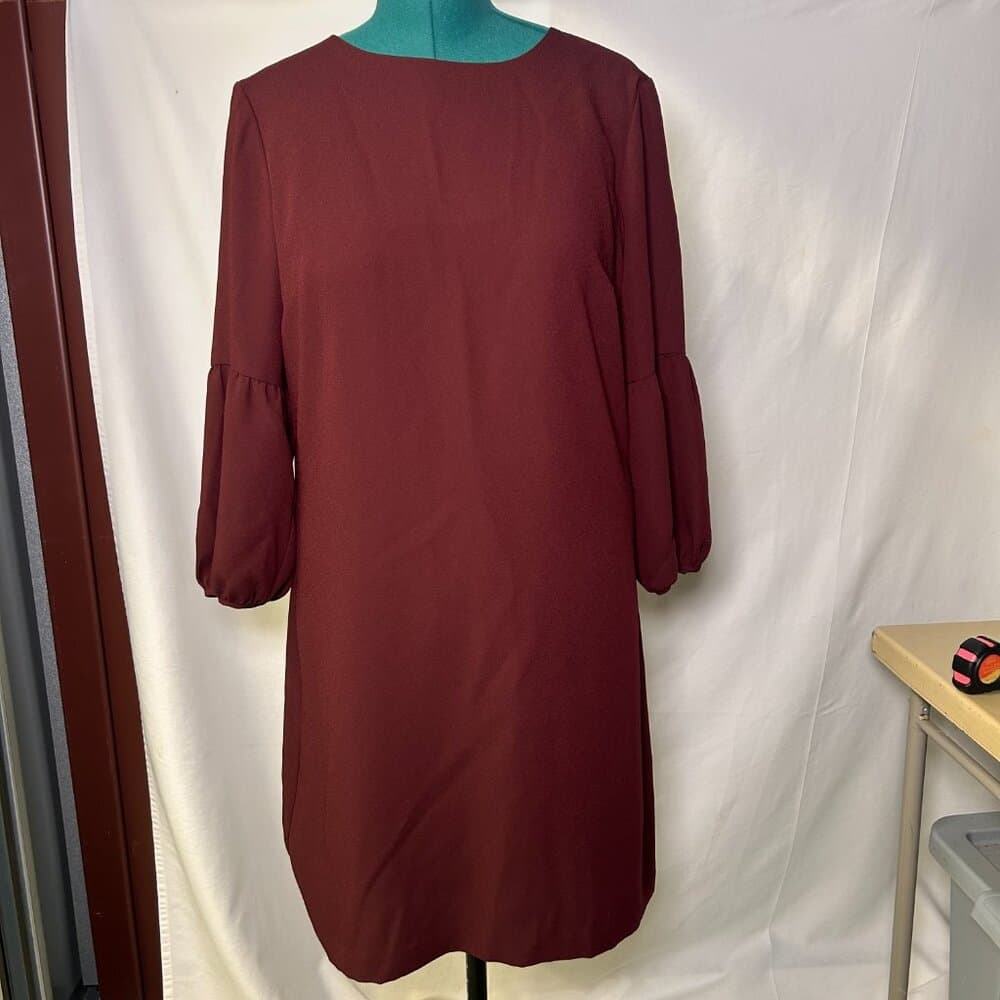 Ann Taylor Maroon Bell Sleeve Shift Dress Size 12 - Thumbnail 9