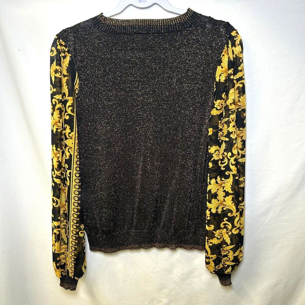Fate black sparkle top w/ sheer couture-patterned sleeves size Small - Thumbnail 4
