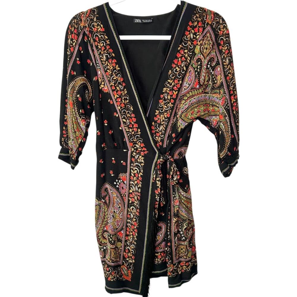 Zara Black Paisley Half-Wrap Festival Dress w/ Fringe Small