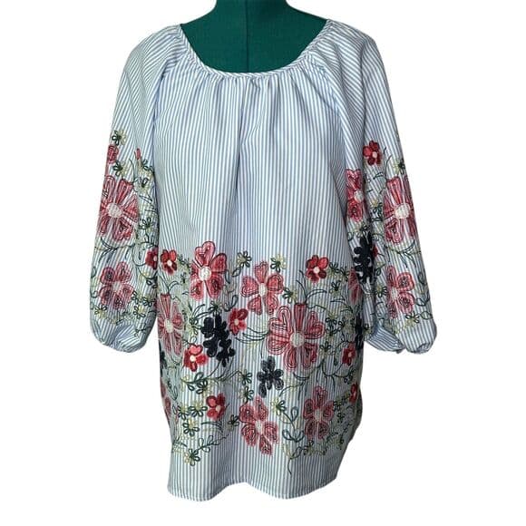 Blue and White Striped Floral Blouse XL Boho Flowy - Thumbnail 10