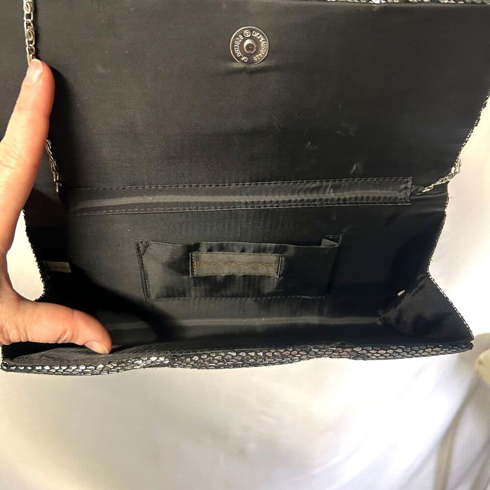 Vtg 90s Jessica McClintock black & silver faux snakeskin clutch shoulder bag - Thumbnail 4