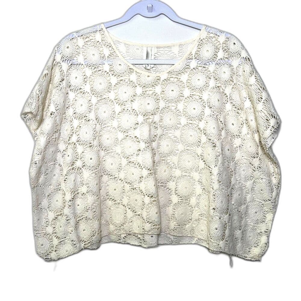 Elan Cream Flutter Sleeve Lace Crochet Bohemian Top Medium - Thumbnail 3