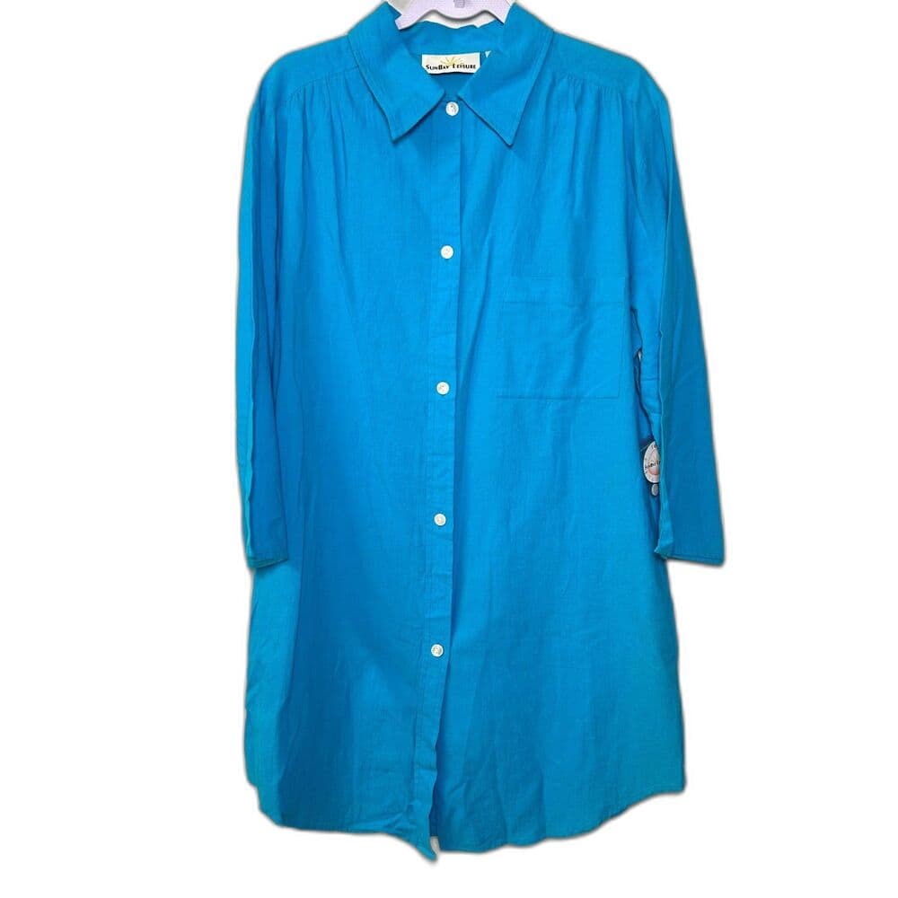 Sunbay Leisure Blue 100% Cotton Button Up Shirt Dress Cover Up Large
