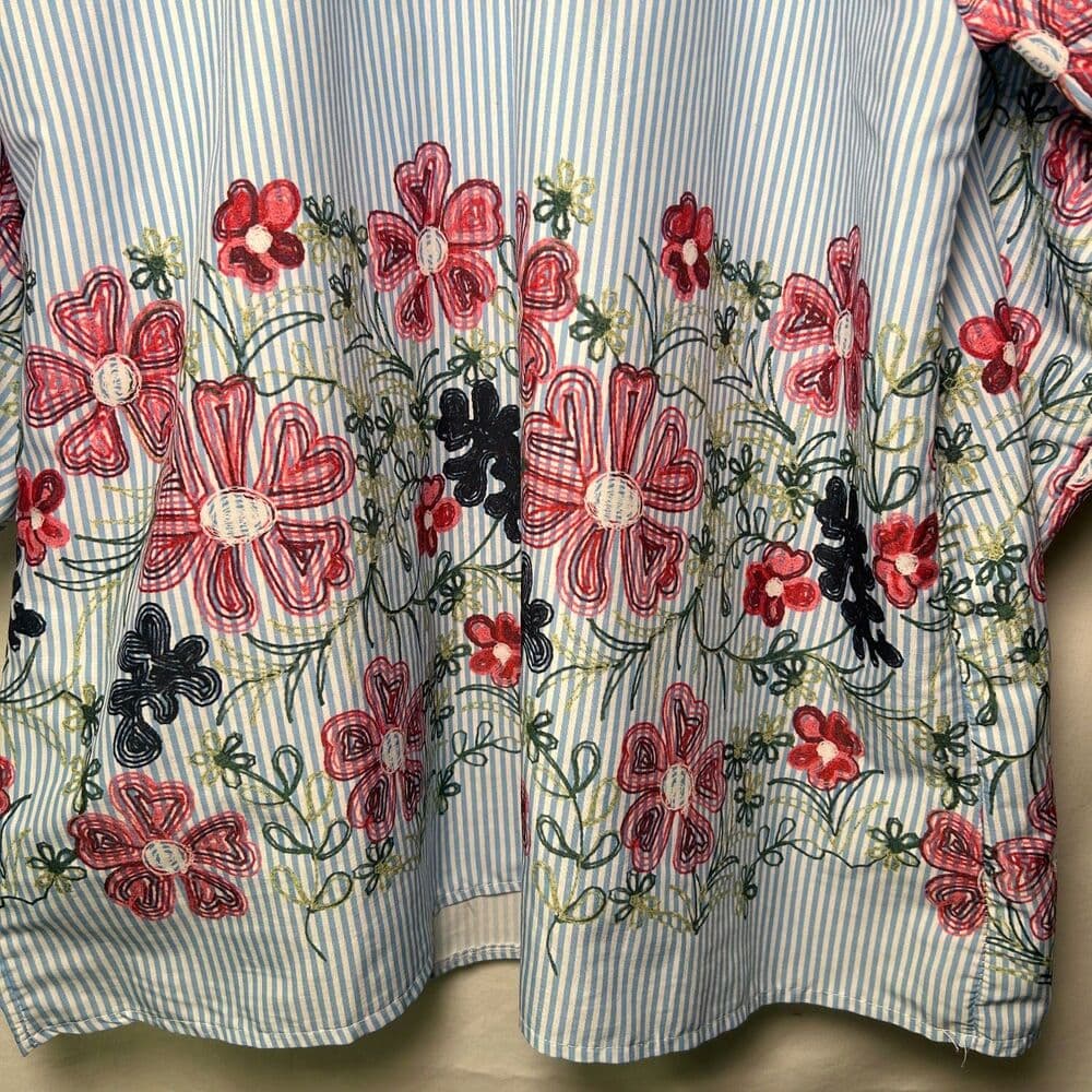 Blue and White Striped Floral Blouse XL Boho Flowy - Thumbnail 6