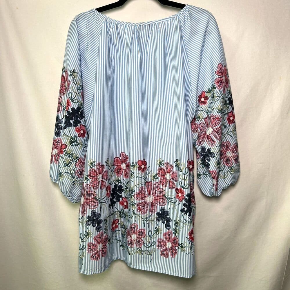 Blue and White Striped Floral Blouse XL Boho Flowy - Thumbnail 2