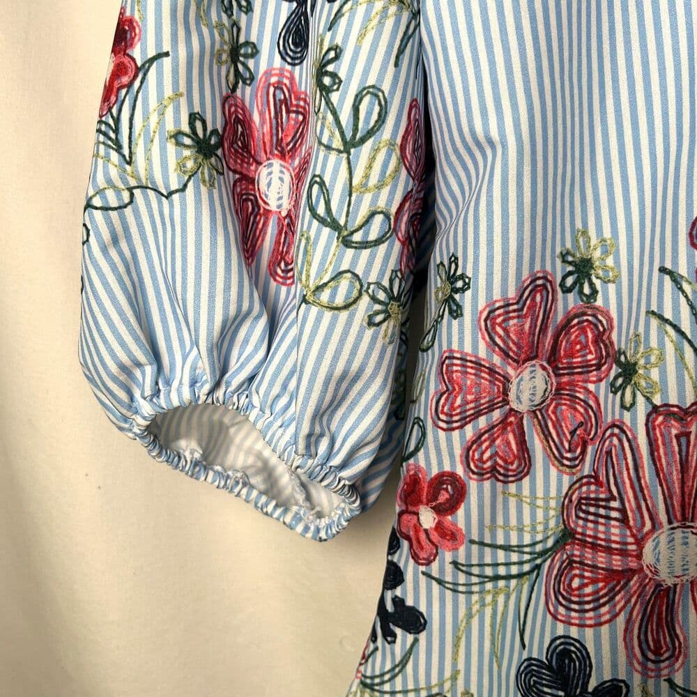 Blue and White Striped Floral Blouse XL Boho Flowy - Thumbnail 7