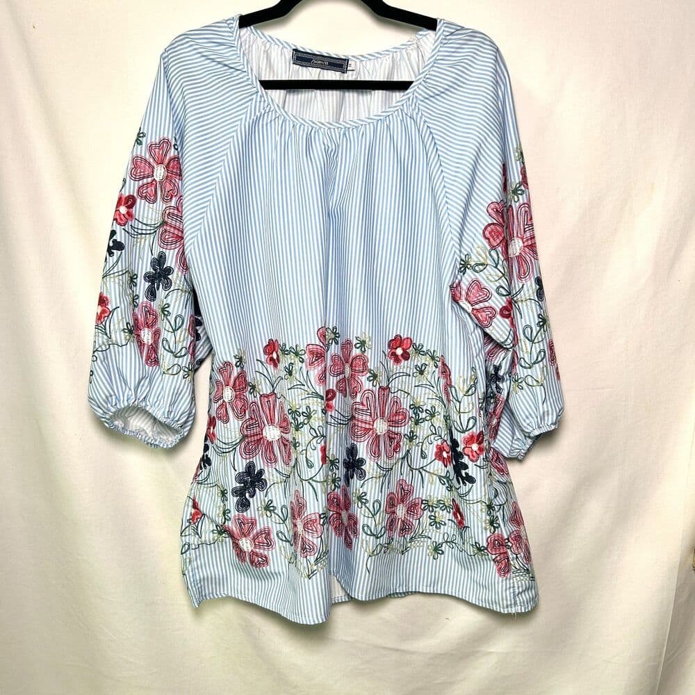Blue and White Striped Floral Blouse XL Boho Flowy