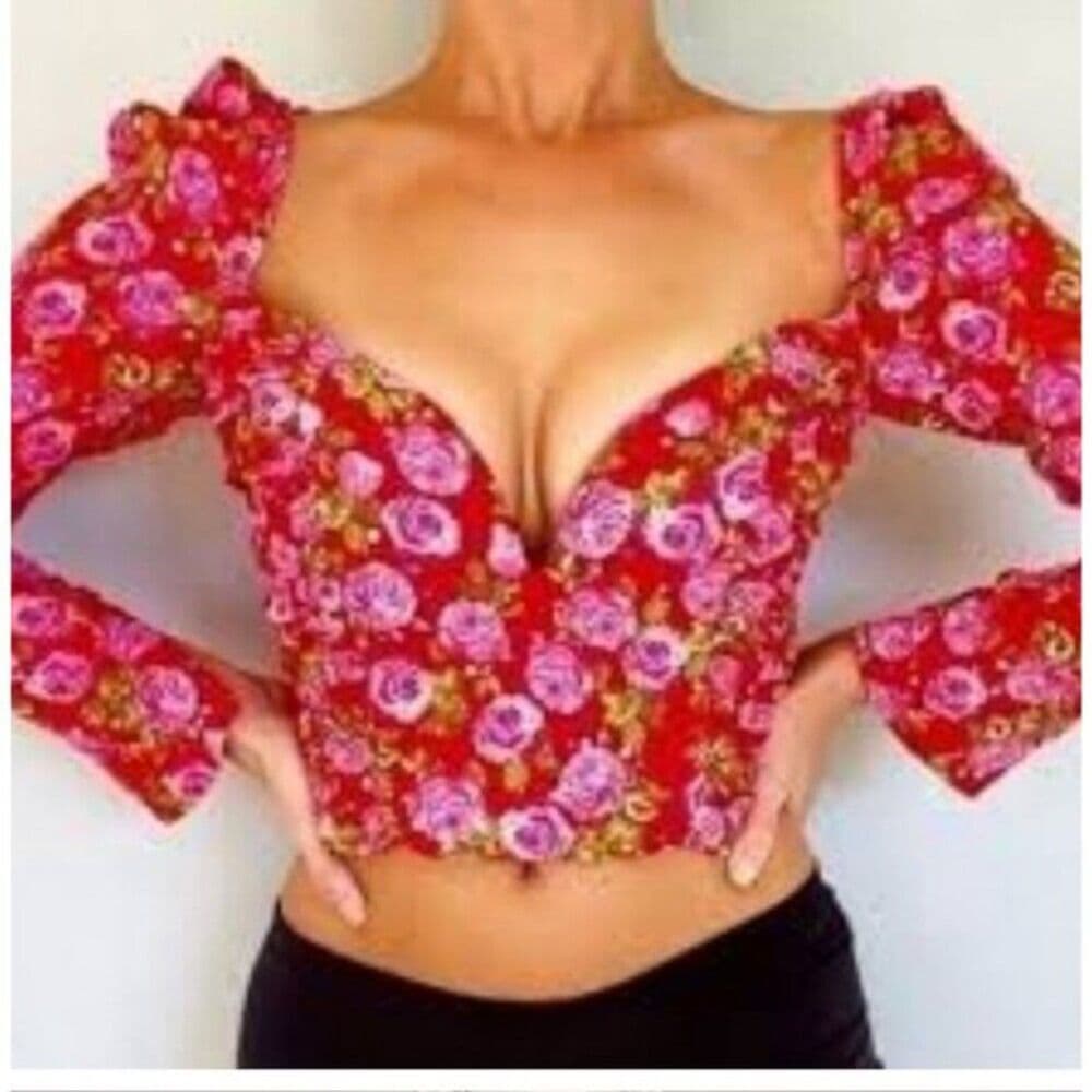 Zara floral long-sleeve crop top sweetheart neckline Coquette Small - Thumbnail 9