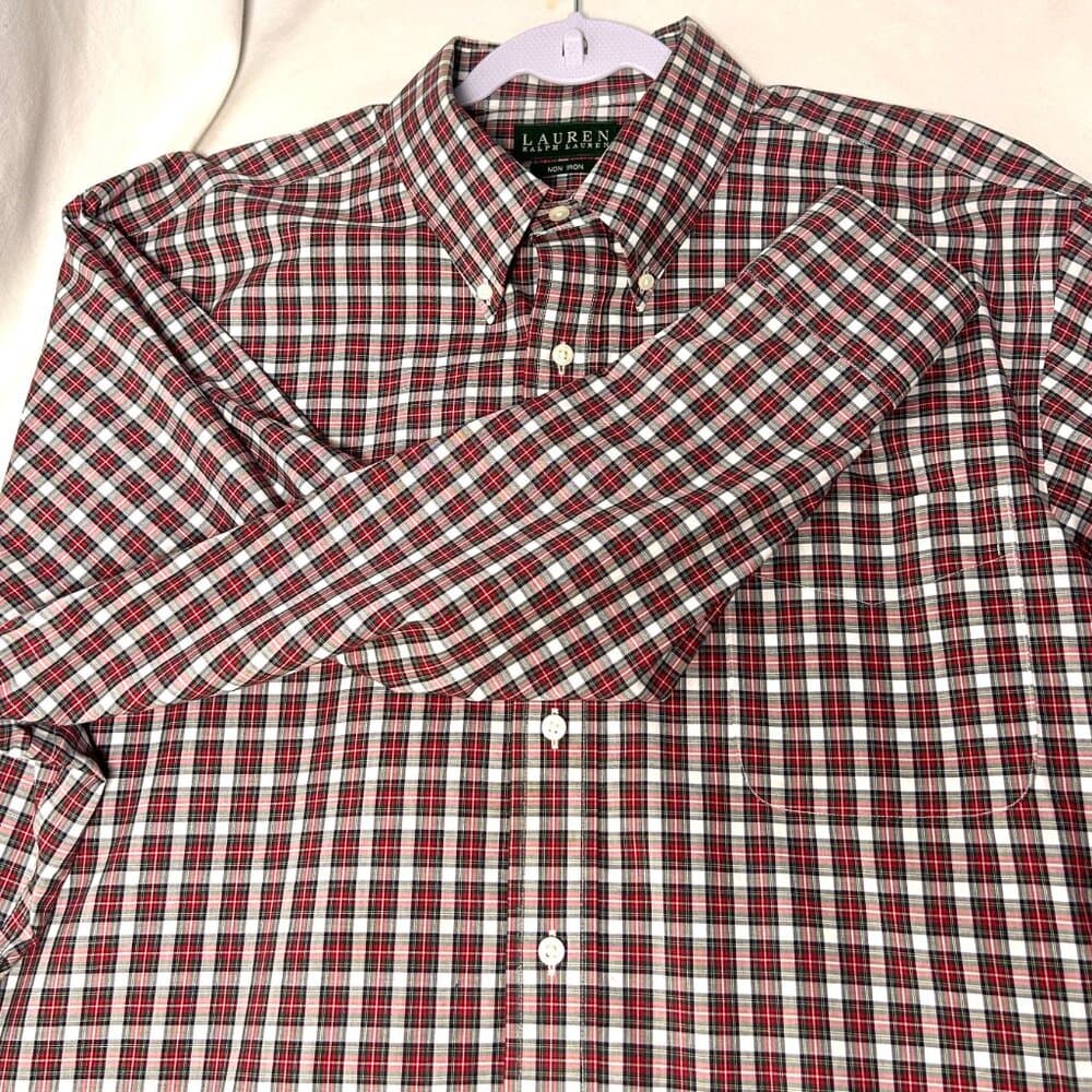 Ralph Lauren Red Green White Plaid Button Down Shirt 17.5 34/35 Holiday - Thumbnail 5