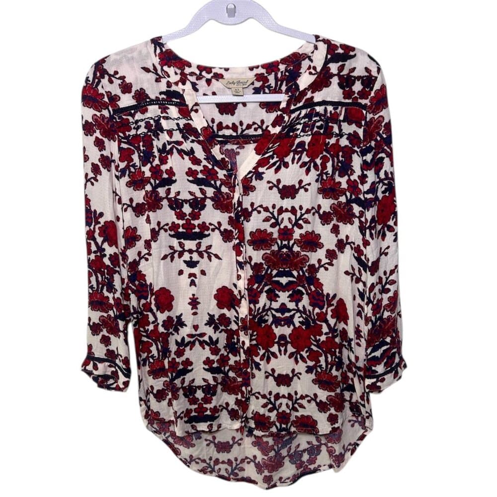Lucky Brand Red and White Floral Button Front Top Size XS - Thumbnail 10