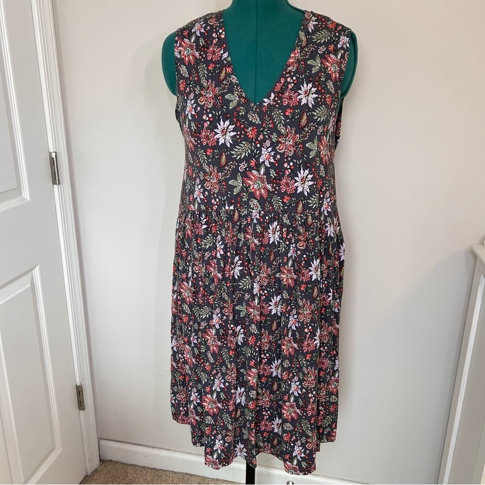 Ann Taylor Loft Sleeveless Floral V-Neck Dress Large - Thumbnail 2