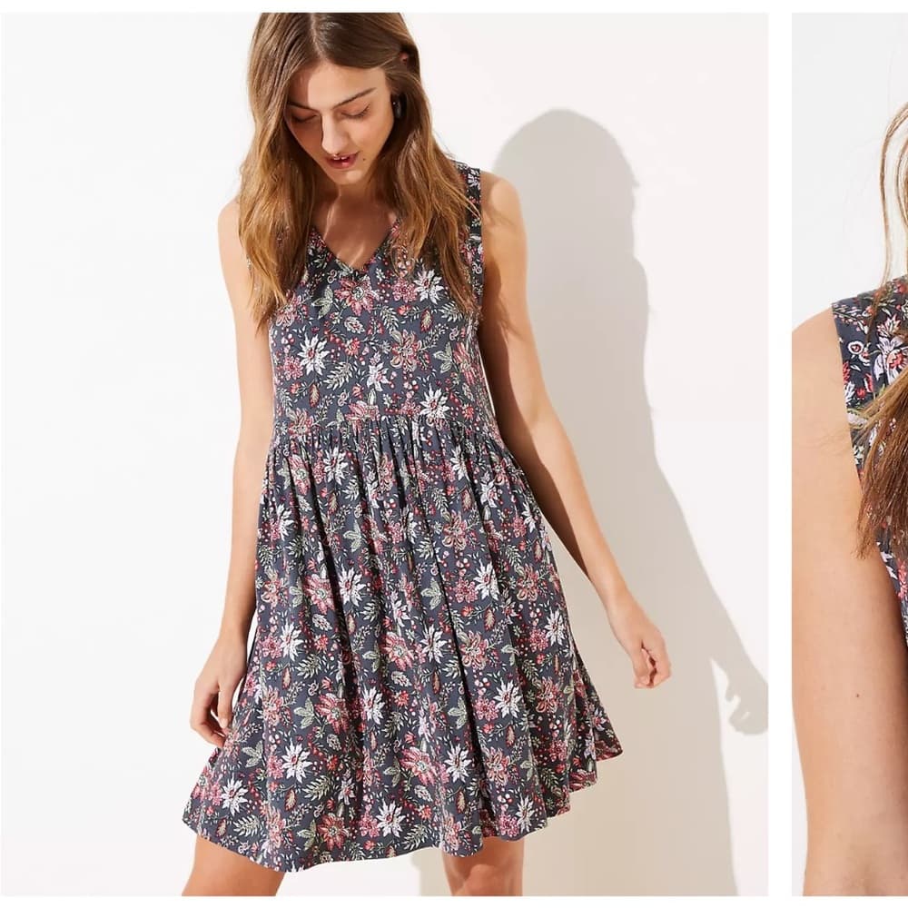 Ann Taylor Loft Sleeveless Floral V-Neck Dress Large - Thumbnail 8