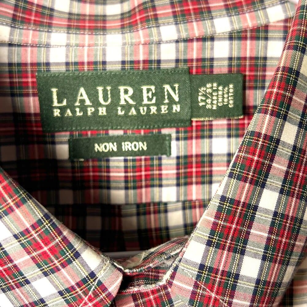 Ralph Lauren Red Green White Plaid Button Down Shirt 17.5 34/35 Holiday