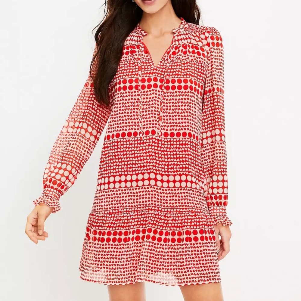 Ann Taylor Loft Red & White Romantic Heart Tie-Neck Dress Size L - Thumbnail 8