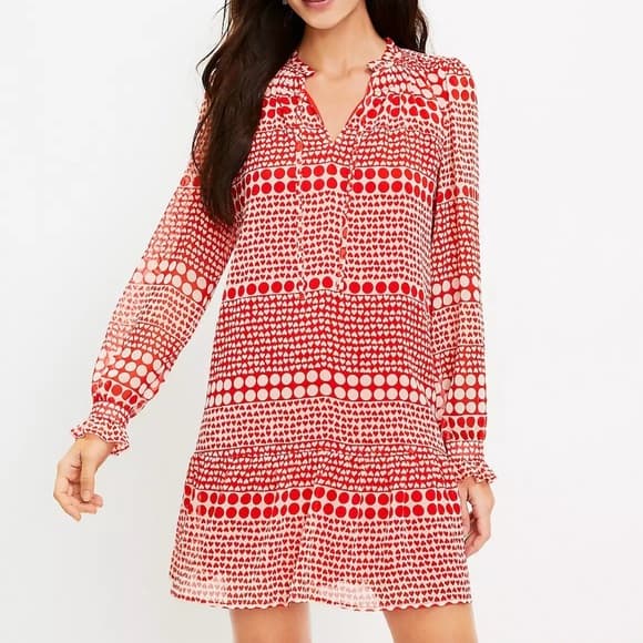 Ann Taylor Loft Red & White Romantic Heart Tie-Neck Dress Size L - Thumbnail 9