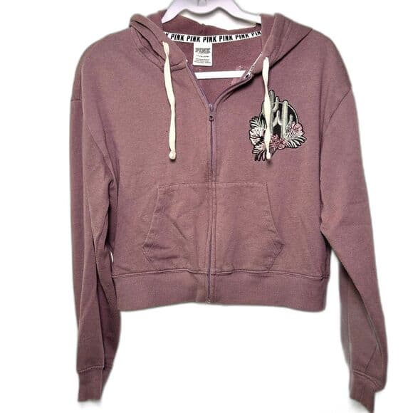Victoria's Secret PINK small cropped full-zip mauve hoodie cactus patch sequins - Thumbnail 9