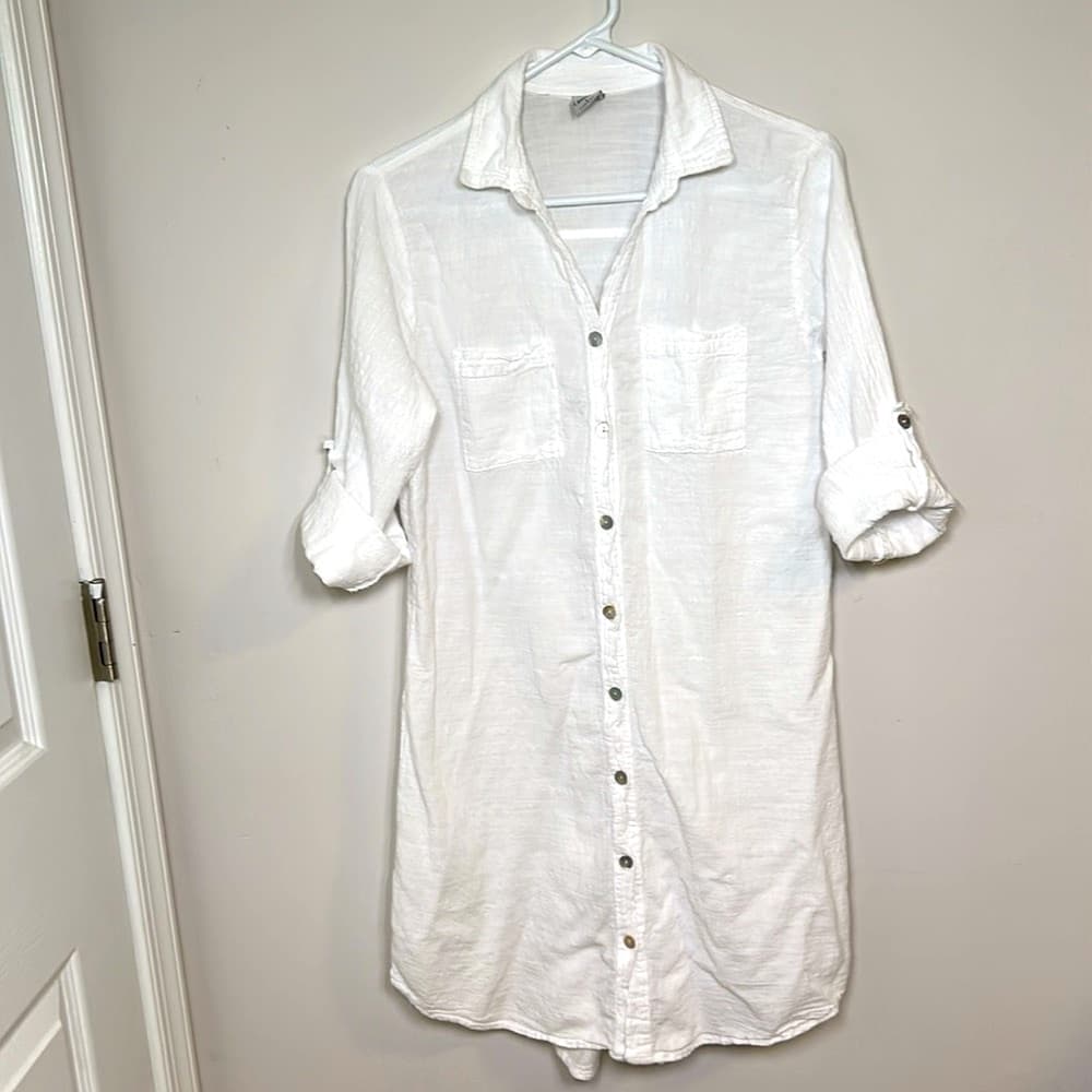 Surfstyle Resort White Cotton Linen Shirt Beach Cover Up Size L - Thumbnail 4