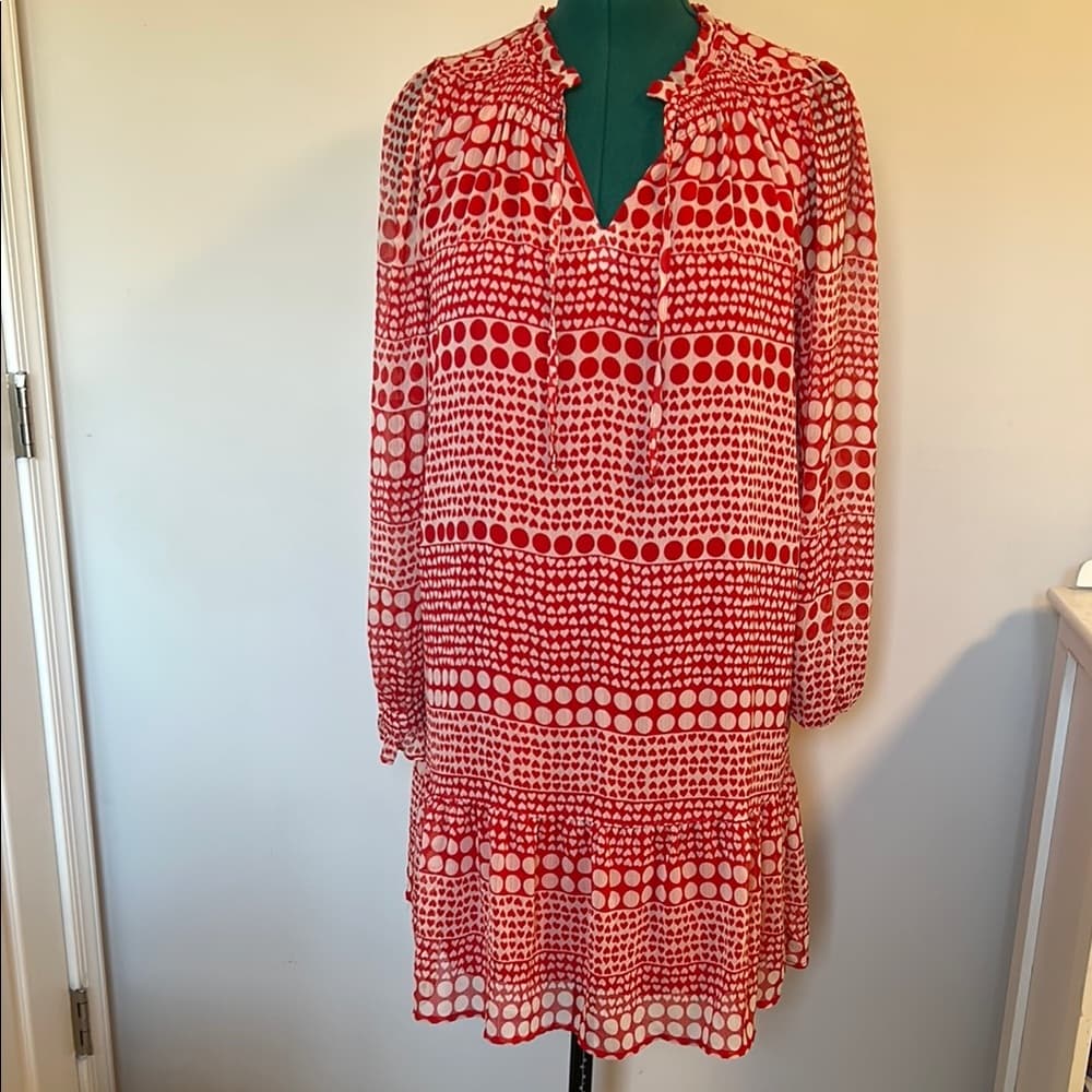 Ann Taylor Loft Red & White Romantic Heart Tie-Neck Dress Size L